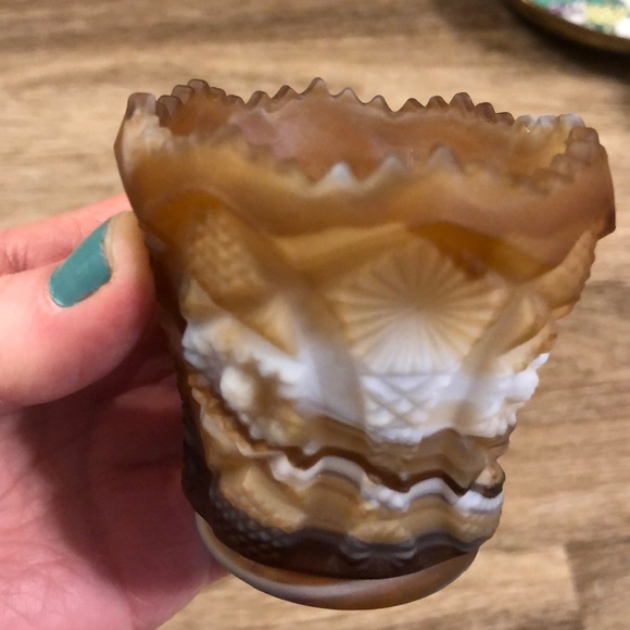 Vintage Other - Imperial glass hobstar butterscotch slag glass toothpick holder/ airplant holder